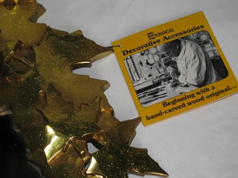retro gold frame mirror w/ autumn leaves maple leaf border, vintage Syroco tag
