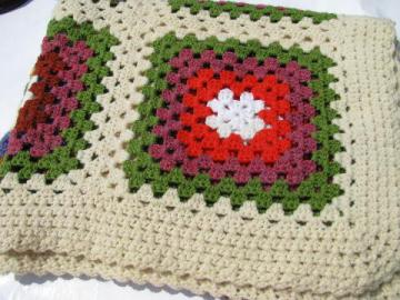 retro granny squares vintage crocheted bedspread, large afghan