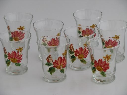 retro juice glass set, 8 glasses w/ hand-painted flowers in red and pink