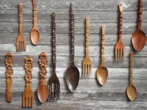 retro kitchen wall art, big carved wooden forks & spoons, 60s 70s vintage tiki wood