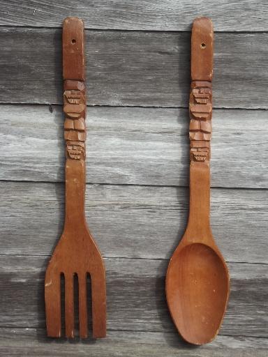 retro kitchen wall art, big carved wooden forks & spoons, 60s 70s vintage tiki wood