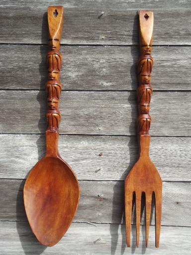 retro kitchen wall art, big carved wooden forks & spoons, 60s 70s vintage tiki wood