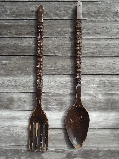 retro kitchen wall art, big carved wooden forks & spoons, 60s 70s vintage tiki wood