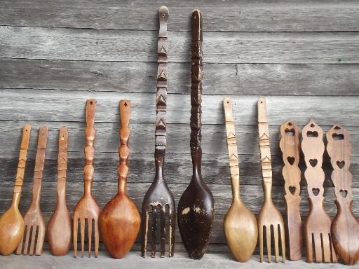 retro kitchen wall art, big carved wooden forks & spoons, 60s 70s vintage tiki wood