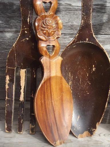 retro kitchen wall art, big carved wooden forks & spoons, 60s 70s vintage tiki wood