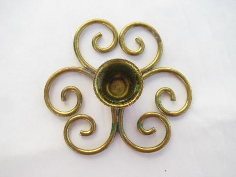 retro mod vintage flower shape brass scrollwork candle holders, Norway