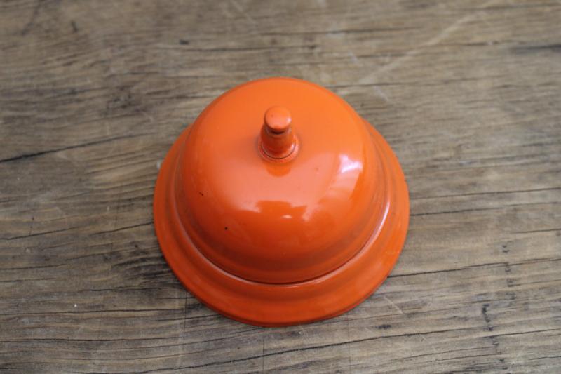 retro orange metal desk bell, vintage store counter service bell, push bell