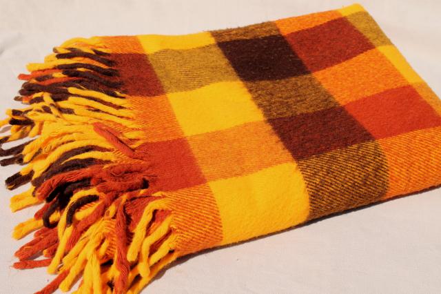 retro orange yellow gold plaid stadium blanket, picnic or camp blanket vintage Faribo label