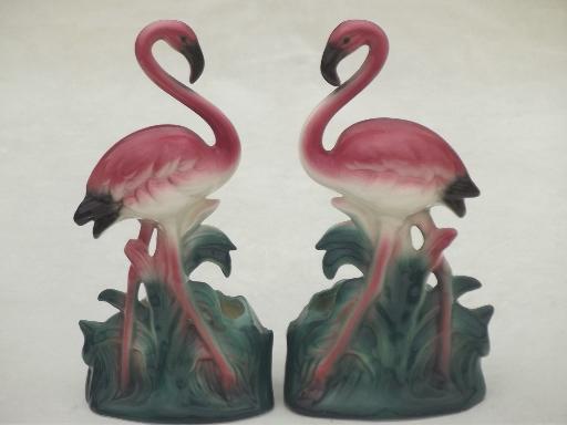 retro pink flamingo pocket planters, mid-century vintage art pottery