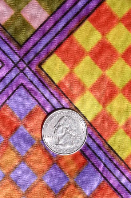 retro polyester tricot knit silky fabric, disco vintage groovy checkerboard squares print