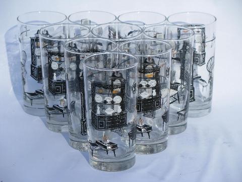 retro print glass tumblers, set of 10 vintage Early American glasses
