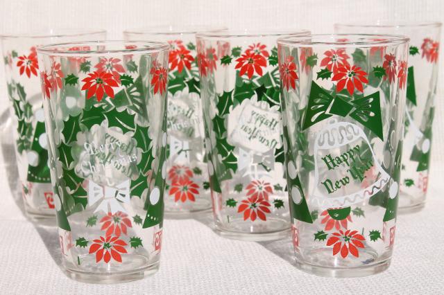 retro print vintage glass tumblers for the holidays, Merry Christmas Happy New Year drinking glasses 