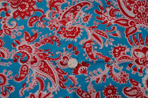 retro red & aqua turquoise blue paisley print cotton fabric, 1950s vintage