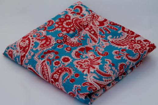 retro red & aqua turquoise blue paisley print cotton fabric, 1950s vintage