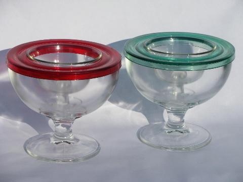 retro red & green lucite plastic holiday serving dishes, ice lined bowls