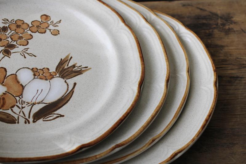 retro stoneware dinner plates set, vintage Japan Hearthside latte brown floral