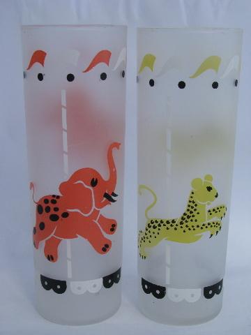 retro tiki vintage iced tea glasses, tall coolers w/ circus print, jungle cat & elephants