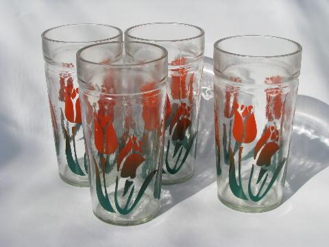 retro vintage 1950s kitchen jelly glasses, tumblers set w/ red tulips