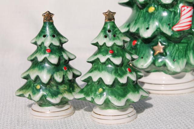 retro vintage Lefton Christmas tree buffet set, toothpick hors d'ouves holder and S&P shakers
