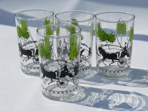 retro vintage Libbey juice glasses, horse and carriage scene