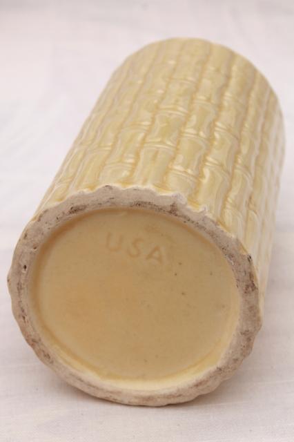 retro vintage USA pottery cylinder vase w/ tall bamboo, pale creamy yellow glaze