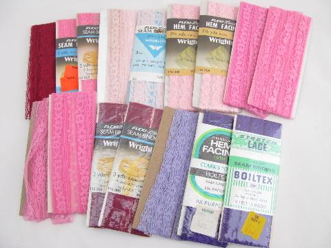 retro vintage carded sewing trims lot, nylon lingerie lace insertions, colors!