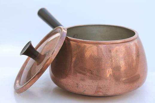 retro vintage copper fondue pot & warming stand, Portugal copper ware