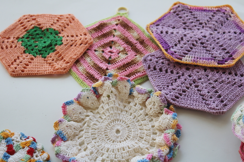 retro vintage crochet potholders, huge lot colorful handmade crocheted cotton pot holders