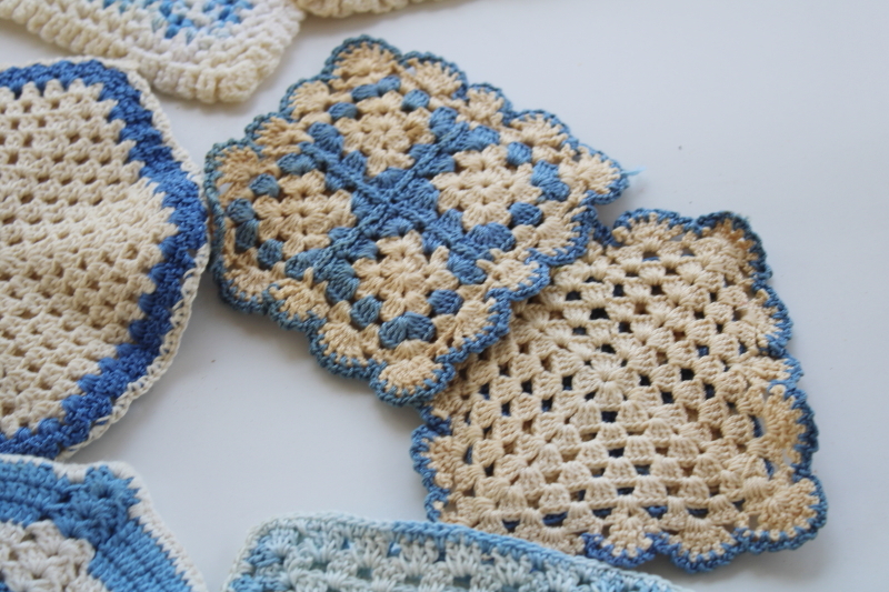 retro vintage crochet potholders lot, blue  white pot holders handmade crocheted cotton