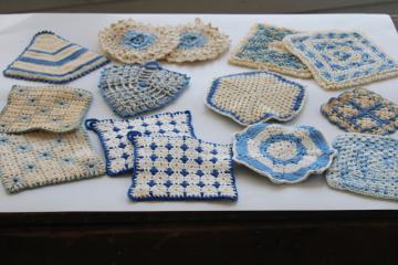 retro vintage crochet potholders lot, blue  white pot holders handmade crocheted cotton