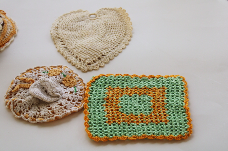 retro vintage crochet potholders lot, jade green mustard gold pot holders handmade crocheted cotton