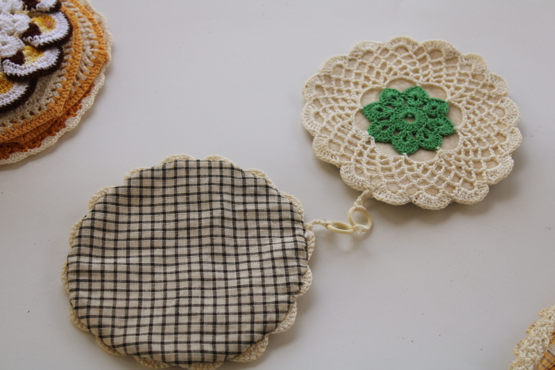 retro vintage crochet potholders lot, jade green mustard gold pot holders handmade crocheted cotton