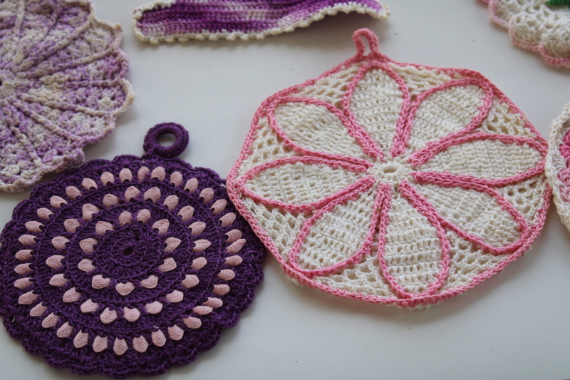 retro vintage crochet potholders lot, pink  purple pot holders handmade crocheted cotton