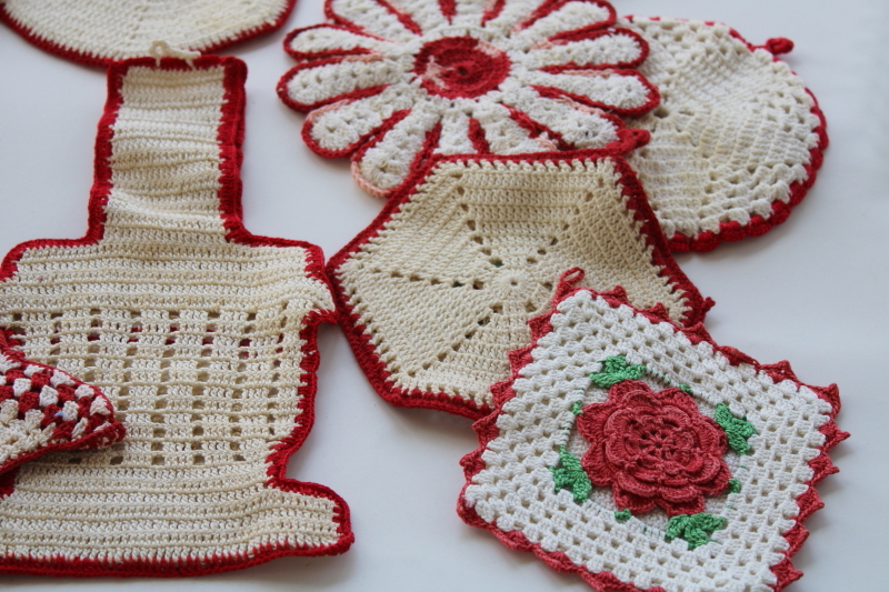 retro vintage crochet potholders lot, red green white pot holders handmade crocheted cotton
