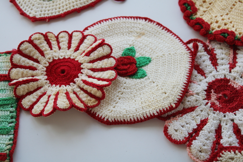 retro vintage crochet potholders lot, red green white pot holders handmade crocheted cotton