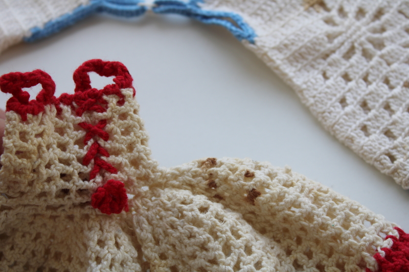retro vintage crochet potholders lot, red white blue tiny clothes shapes pot holders handmade crocheted cotton