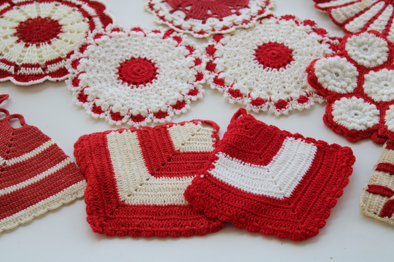 retro vintage crochet potholders lot, red  white pot holders handmade crocheted cotton