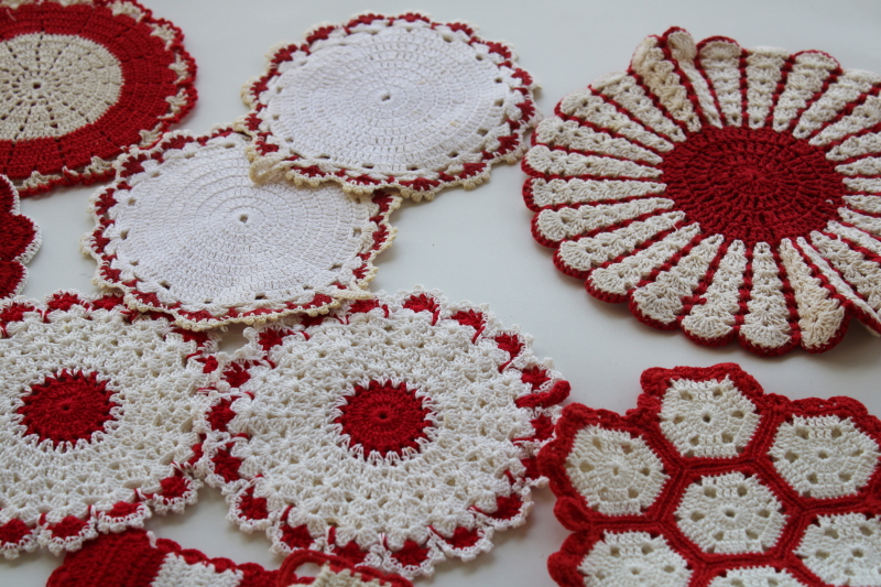 retro vintage crochet potholders lot, red  white pot holders handmade crocheted cotton