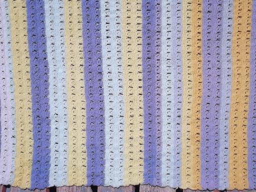 retro vintage crocheted stripes throw rug, lavender blue and soft yellow