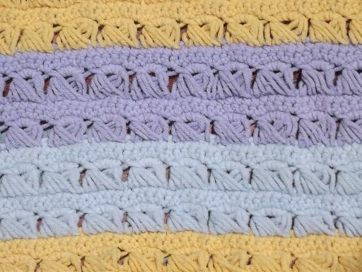 retro vintage crocheted stripes throw rug, lavender blue and soft yellow