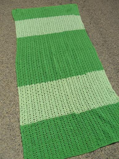 retro vintage crocheted throw rug, wide band striped in shades of green