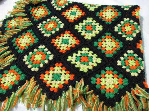 retro vintage granny square crochet afghan, black w/ neon colors