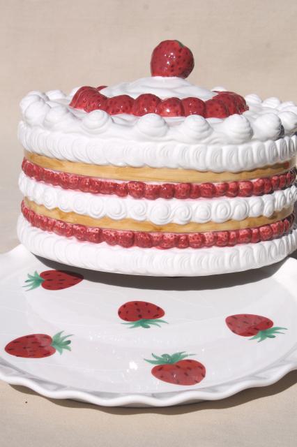 retro vintage handmade ceramic cake cover, strawberry shortcake plate w/ dome