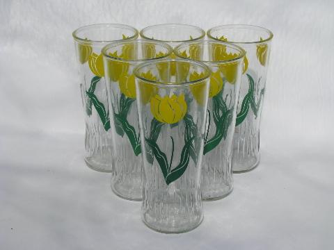 retro vintage kitchen jelly glasses, tumblers set w/ yellow tulips