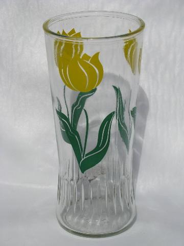retro vintage kitchen jelly glasses, tumblers set w/ yellow tulips