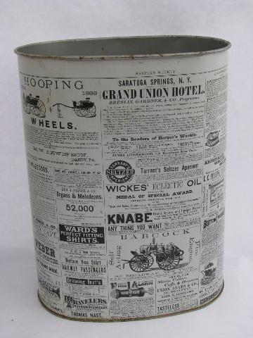 retro vintage metal wastebasket, antique newspaper ad illustrations print