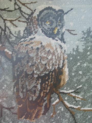 retro vintage owls needlepoint picture in grey weathered rustic wood frame