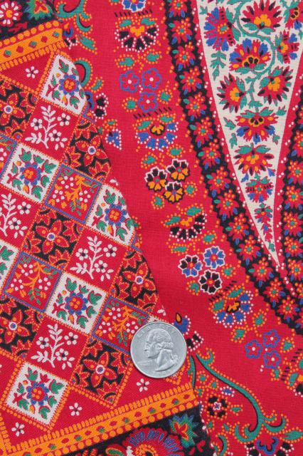 retro vintage paisley print fabric lot, bohemian gypsy red & jewel colors
