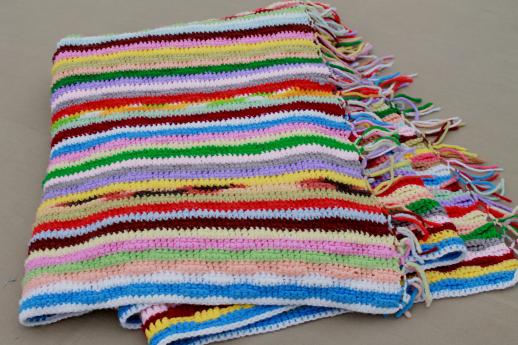 retro vintage rainbow striped afghan, cozy blanket handmade scrap yarn crochet