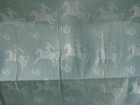 rodeo cowboy vintage 1950s woven cotton bedspread, jadite green